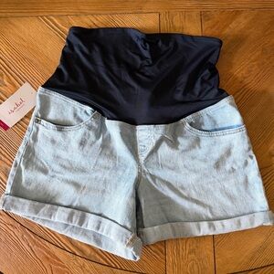 Maternity Denim Roll-Cuff Shorts with Black Waist Panel